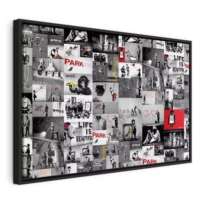 Street art banksy – svart ram. Många små svartvita bildrutor och textfragment möter röda accenter i ett tätt collage.