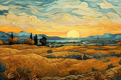 Impressionistic fields – motivvy. Ett målat landskap med gula fält, mörka träd och avlägsna berg ligger under en virvlande gulgrön himmel.