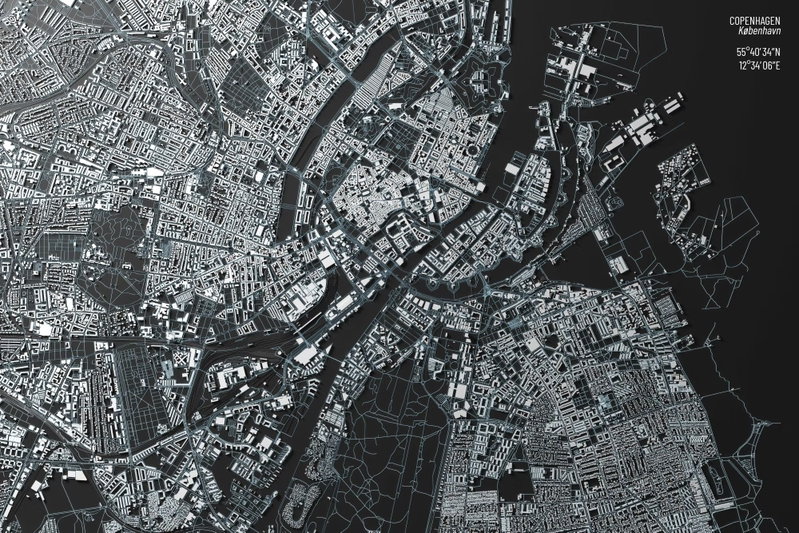 Close up of copenhagen: En tät gatubild i vitt och grått möter mörka vattenytor och små stadstexter i en karta över Köpenhamn.