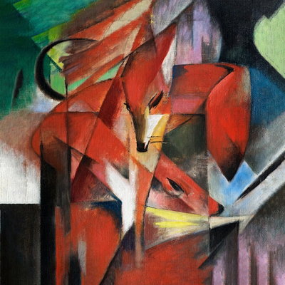 Kvadratisk motivförlaga för Franz marc - The foxes: Röda och orange rävar byggs upp av kantiga färgfält tillsammans med gröna, grå och vita former.