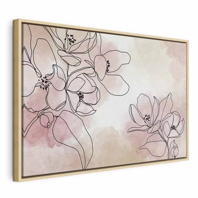 Peaceful composition wide – naturfärgad ram. Tunna mörka blomkonturer möter blekt rosa, beige och vita akvarellskiftningar.