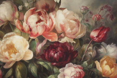 Charismatic peonies – motivvy. Crèmefärgade, rosa och vinröda pioner samlas med gröna blad mot en mörk bakgrund.