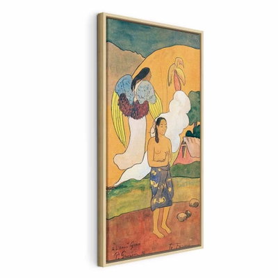 Paul gauguin te faruru – naturfärgad ram. En kvinnlig gestalt står i ett varmt gult landskap med stora dekorativa former och gröna färgfält.