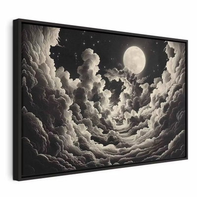 Moon and stars singing among – svart ram. En stor ljus måne omges av täta gråvita moln och små stjärnor mot en mörk himmel.