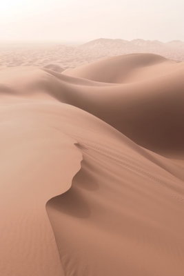 Sandy space vertical – motivvy. Mjuka sanddyner bildar böljande linjer i dämpat rosa och varmt beige med tunna skuggor.