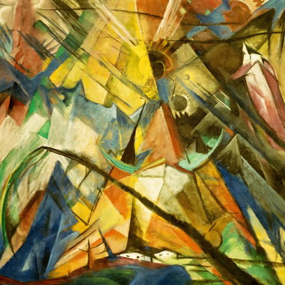 Franz marc tirol – motivvy. Gula, gröna, blå och bruna former möts i en tät komposition av diagonaler och brutna ytor.