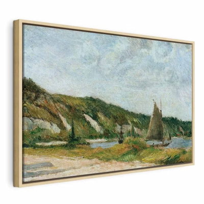 Paul gauguin the sailing – naturfärgad ram. En segelbåt går på blågrått vatten framför en grön kust under en ljus målad himmel.