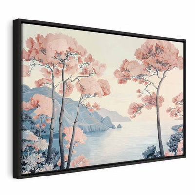 Landscape with the ocean – svart ram. Höga träd med rosa kronor ramar in ett ljust vattenlandskap med blå klippor och en varm himmel.