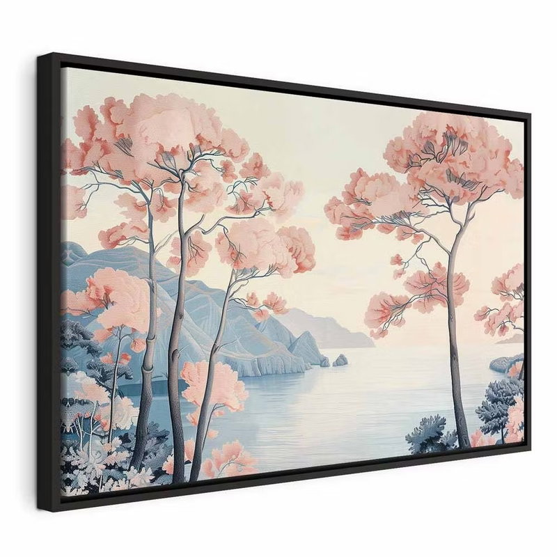 Landscape with the ocean – svart ram. Höga träd med rosa kronor ramar in ett ljust vattenlandskap med blå klippor och en varm himmel.