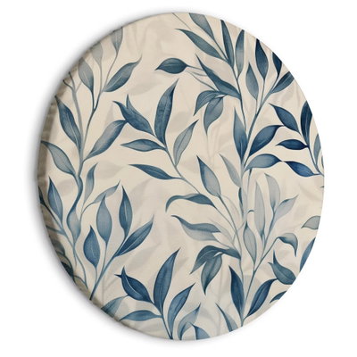 Rund motivvy för Leaves in blue colors: Smala blå blad och tunna stjälkar slingrar sig över en varm, ljus bakgrund.