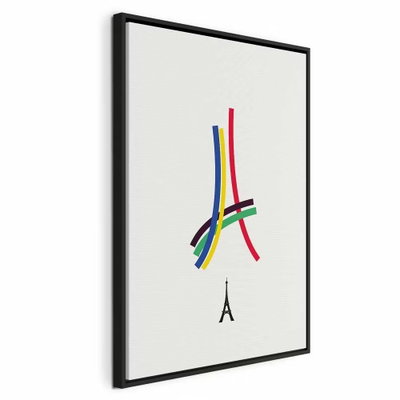 Eiffel tower colorful – svart ram. Blå, röda, gula och gröna linjer bildar en förenklad tornfigur över en liten svart Eiffeltornssymbol.