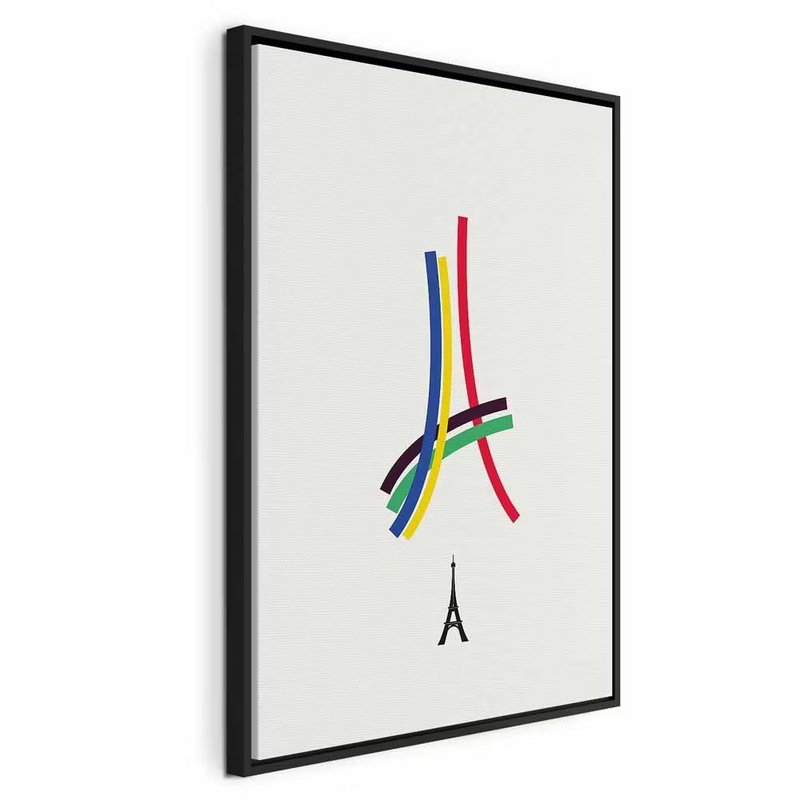Eiffel tower colorful – svart ram. Blå, röda, gula och gröna linjer bildar en förenklad tornfigur över en liten svart Eiffeltornssymbol.
