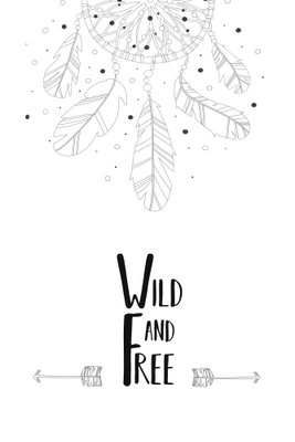 Wild and free vertical – motivvy. Tunna fjädrar och en pil möter svart typografi med orden WILD AND FREE på en vit botten.
