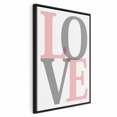 Grey love vertical – svart ram. Stora bokstäver i rosa och grått bildar ordet LOVE i två rader på vit botten.