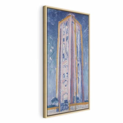 Piet mondrian lighthouse – naturfärgad ram. Ett högt, smalt torn återges i ljusa gula och rosa penseldrag mot en blå himmel.