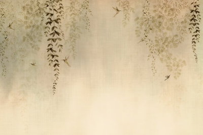 Spring orchard hummingbirds – motivvy. Tunna hängande växtformer tecknar sig i grågrönt mot en mjukt gul och crèmefärgad botten.