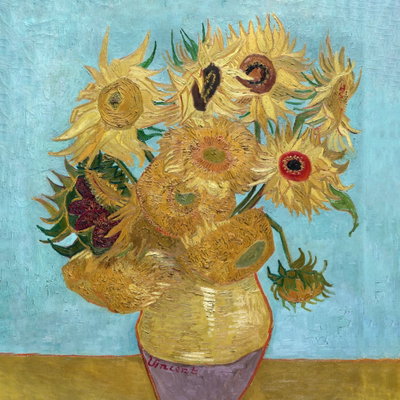 Kvadratisk motivförlaga för Vincent van Gogh - sunflowers: Gula och orange solrosor står i en vas mot en ljus turkos bakgrund.