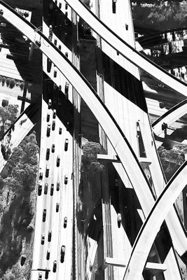 City geometry vertical – motivvy. Nitar, raka balkar och kraftiga diagonaler fyller en svartvit närbild av en stålkonstruktion.