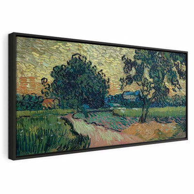 Vincent van gogh landscape – svart ram. Stora lövträd, en ljus stig och gröna och bruna fält bygger upp ett målat landskap.