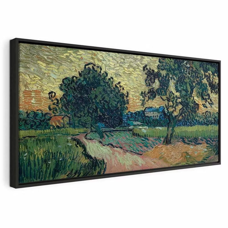 Vincent van gogh landscape – svart ram. Stora lövträd, en ljus stig och gröna och bruna fält bygger upp ett målat landskap.