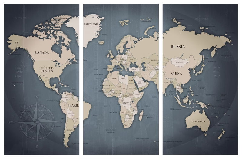 Anthracitic world: Beige kontinenter med fina koordinatlinjer bildar en karta över tre blågrå bilddelar.