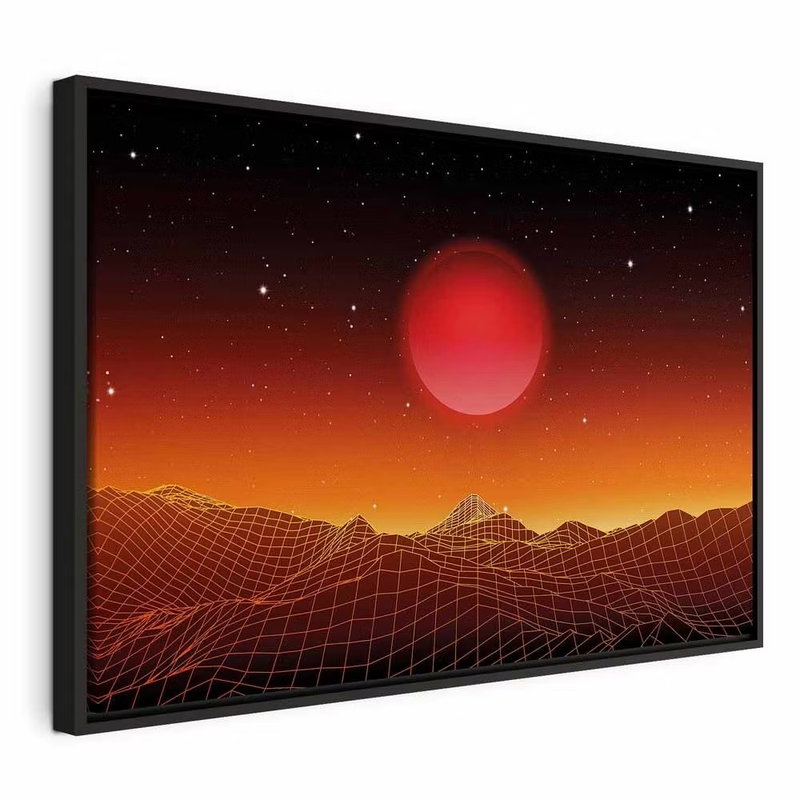 Futuristic landscape wide – svart ram. Orange rutnätslinjer bildar berg under en röd planet och en mörk, stjärnprydd himmel.