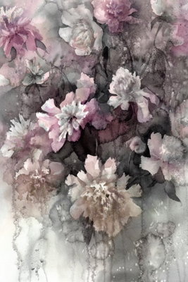 Colored feeling vertical – motivvy. Täta blommor i rosa, crème och grått med mörkt bladverk fyller en mjukt målad stående bild.