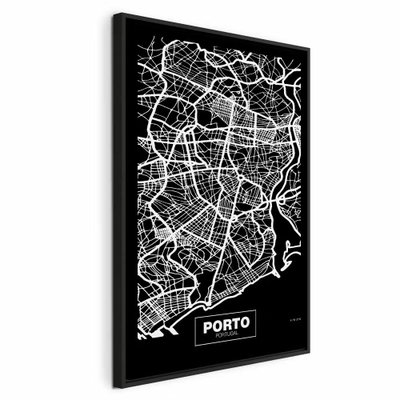 Negative map porto vertical – svart ram. Tunna vita gator och kvarter bildar en karta över Porto på en svart bakgrund med liten typografi.