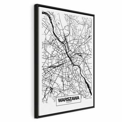 City plan warszawa vertical – svart ram. En bred, böjd flod löper genom ett tätt nät av tunna gator på en vit karta med namnet WARSZAWA.