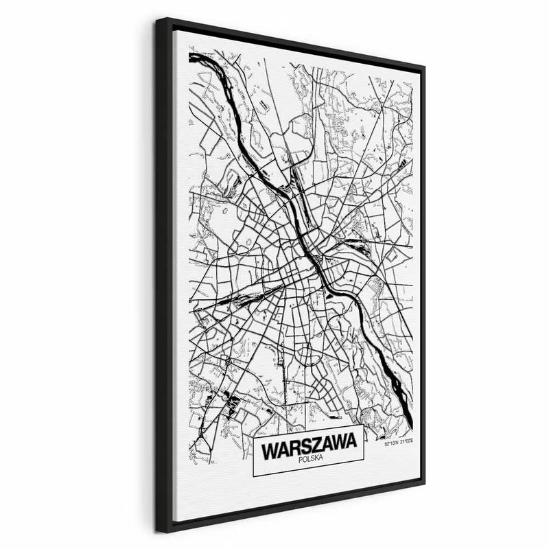 City plan warszawa vertical – svart ram. En bred, böjd flod löper genom ett tätt nät av tunna gator på en vit karta med namnet WARSZAWA.