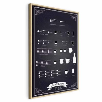Kitchen helper vertical – naturfärgad ram. Små vita köksmått, koppar och tabellrader bildar ett grafiskt motiv på mörk bakgrund.