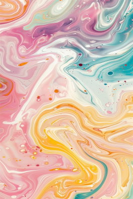 Colorful chaos dynamic – motivvy. Rosa, gula, blågröna och vita färgskikt flyter samman i täta, marmorerade virvlar med små prickar.