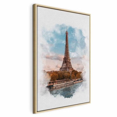 Paris view vertical – naturfärgad ram. Eiffeltornet och omgivande byggnader återges i varma färger med blå och rosa akvarellskiftningar.