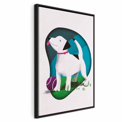 Dog and ball vertical – svart ram. En vit hund med röda detaljer står vid en rosa boll framför ett mörkt turkost, ovalt fält.