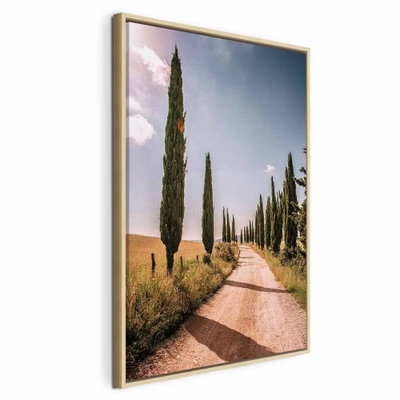 Italian cypresses vertical – naturfärgad ram. En rak grusväg leder mellan smala höga cypresser och torra fält under en blågrå himmel.