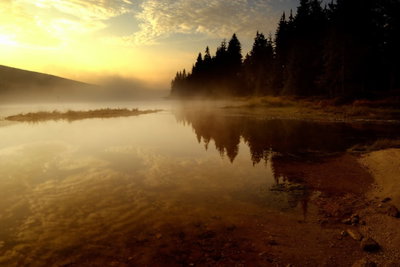 Autumn evening wide – motivvy. Mörk barrskog och dess spegling möter en stilla sjö med ljusa dimslöjor och varmt gult kvällsljus.
