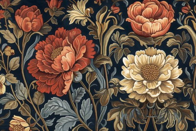 Tapestry large flowers retro – motivvy. Röda, orange och crèmefärgade blommor med täta blad fyller bilden mot en mörk bakgrund.