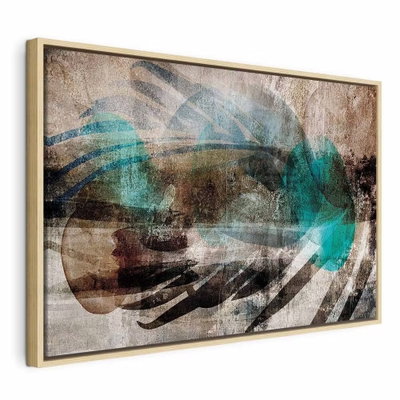 Abstract plume wide – naturfärgad ram. Svepande svarta, turkosa och gråvita linjer överlappar en sliten brunbeige bakgrund.