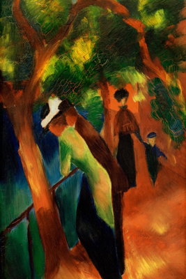 August macke sunny path – motivvy. Flera små figurer promenerar längs en varmt orange gång under täta gröna trädkronor.