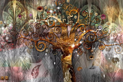 Gold tree – motivvy. Ett guldfärgat träd med vridna grenar och små färgade detaljer står mot en tät, mönstrad bakgrund.