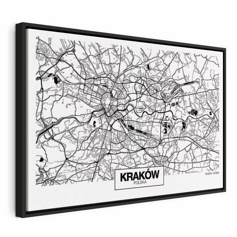 City plan krakow wide – svart ram. Ett tätt nät av vägar och kvarter löper över en vit, liggande stadskarta med namnet KRAKÓW nedtill.