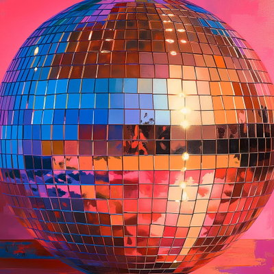 Kvadratisk motivförlaga för Old gold disco ball: En discokula i koppar- och guldtoner fångar blå och röda färgfält mot en varm bakgrund.