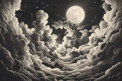 Moon and stars singing among – motivvy. En stor ljus måne omges av täta gråvita moln och små stjärnor mot en mörk himmel.