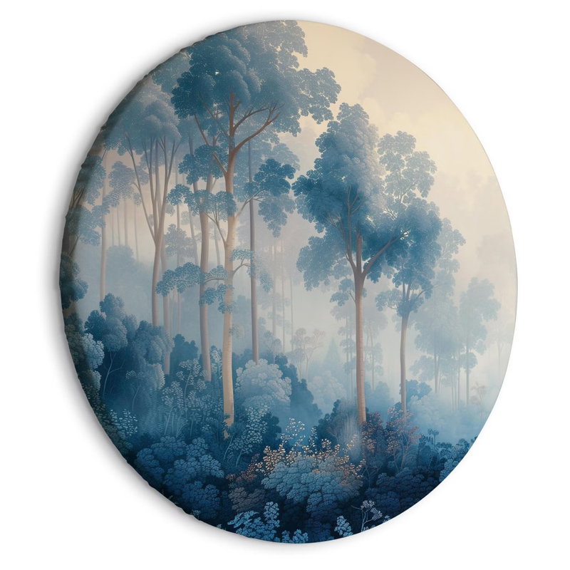 Rund motivvy för Landscape with trees: Höga smala träd reser sig ur ett tätt blått lövverk mot en dimmig, varm himmel.