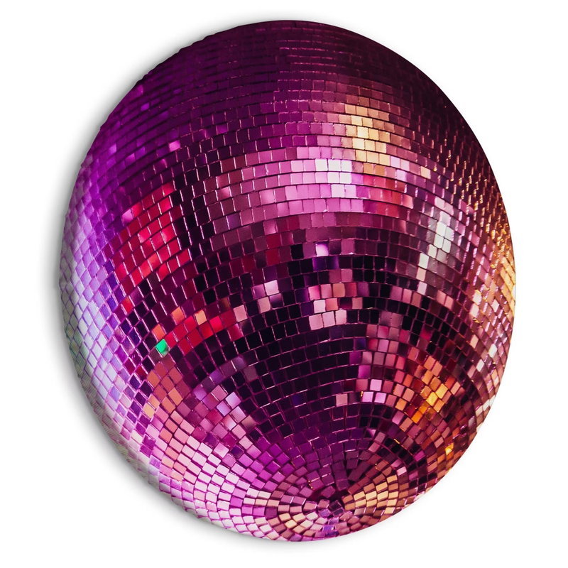 Rund motivvisning af Magenta disco ball: En diskokugle i magenta og violet fylder billedet med små spejllignende felter og lyse reflekser.