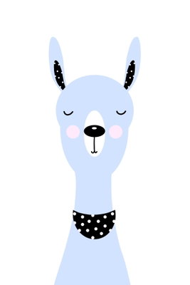 Lovely llama vertical – motivvy. En ljusblå, tecknad lama med långa öron och prickig svart halsduk framträder mot vitt.