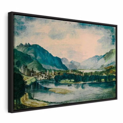 Albrecht dürer view of – svart ram. En låg bro korsar en lugn flod framför byggnader och blågröna berg under en ljus himmel.