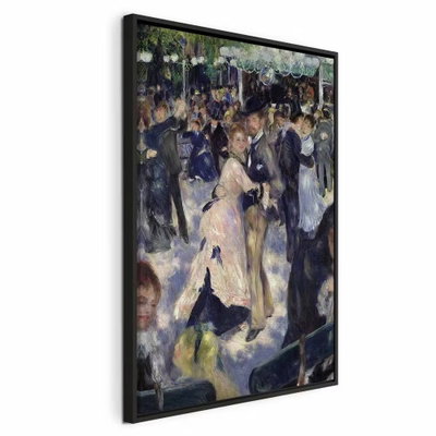 Pierre auguste renoir le – svart ram. Många festklädda gestalter samlas i en målad dansscen med blå, vita och rosa färgskiftningar.