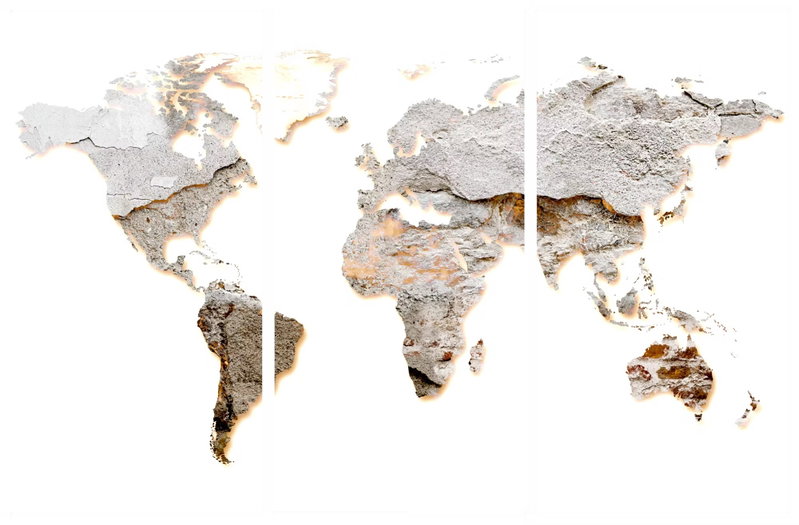 Concrete continents: Ljusa och grå stenliknande partier bildar kontinenter mot en vit bakgrund med tydliga skuggor i motivet.