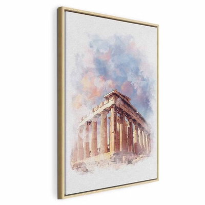 Painted parthenon vertical – naturfärgad ram. Ett klassiskt pelartempel återges med ljusa bruna detaljer och blårosa akvarellskiftningar.